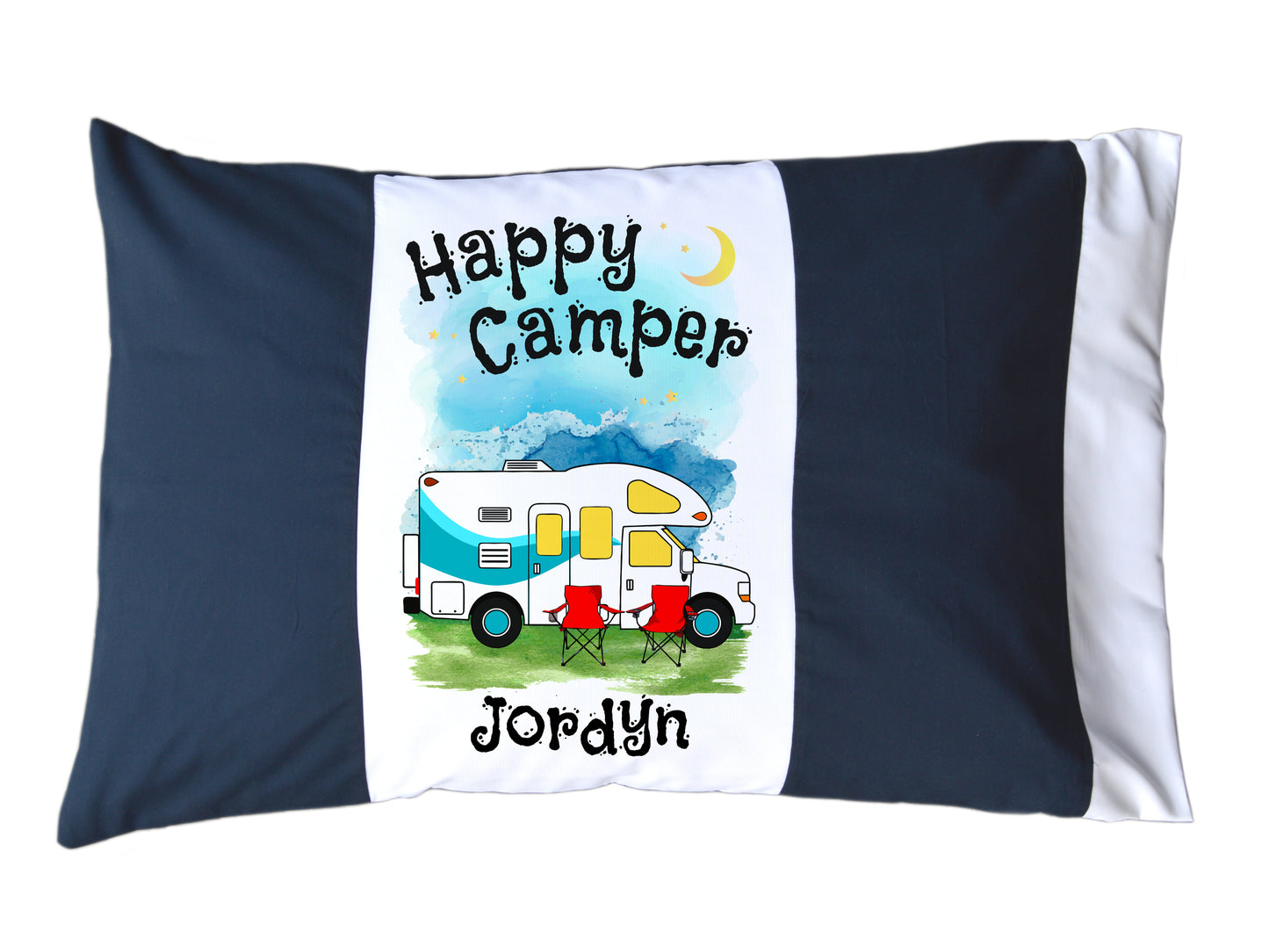 Happy Camper Personalized Red/White or Navy/White Pillow Case with Class C Motorhome