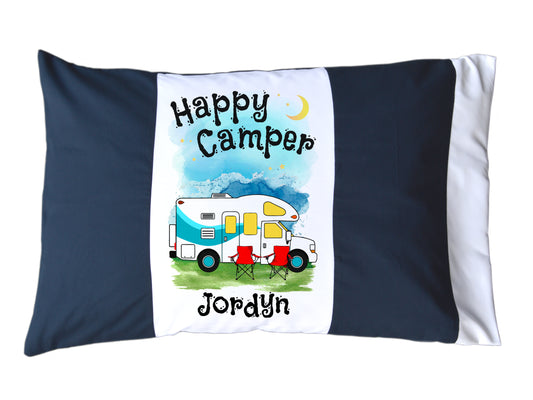 Happy Camper Personalized Red/White or Navy/White Pillow Case with Class C Motorhome