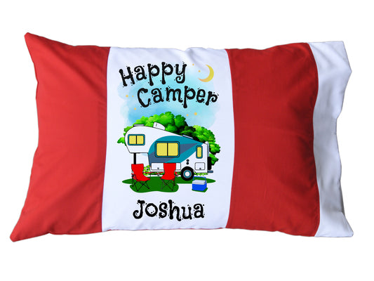 Happy Camper Personalized Red/White or Navy/White Pillow Case with 5th Wheel