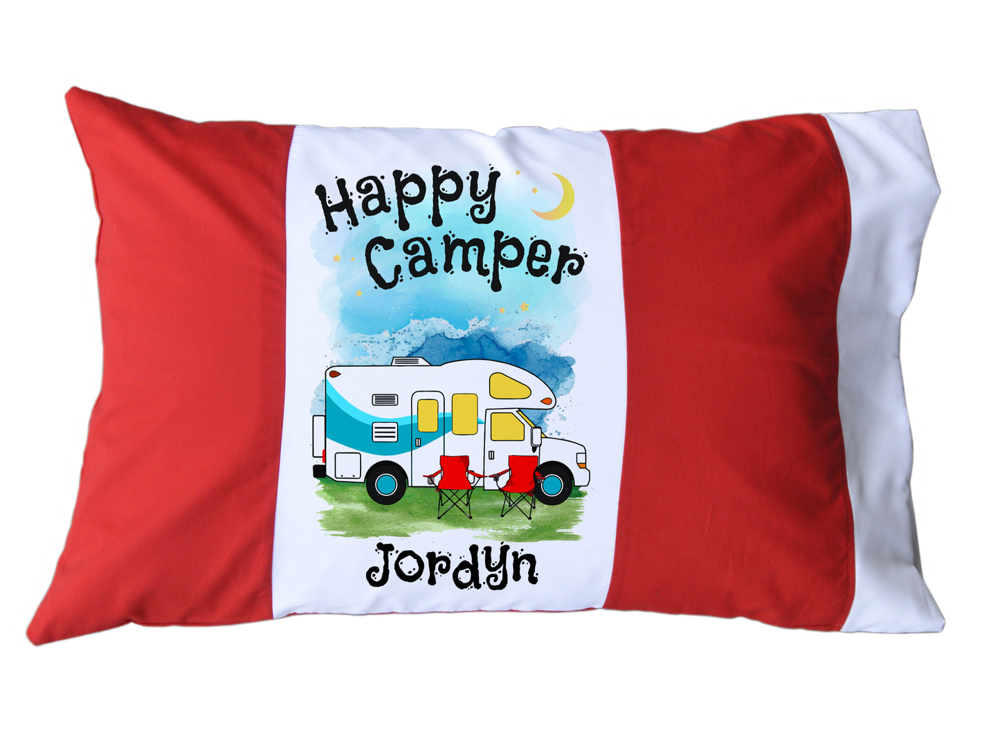 Happy Camper Personalized Red/White or Navy/White Pillow Case with Class C Motorhome