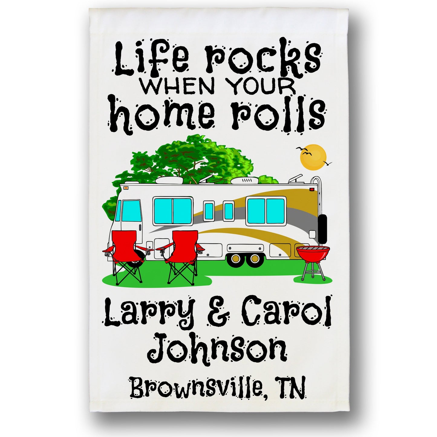 Life Rocks When Your Home Rolls Personalized Camping Flag with Class A Motorhome