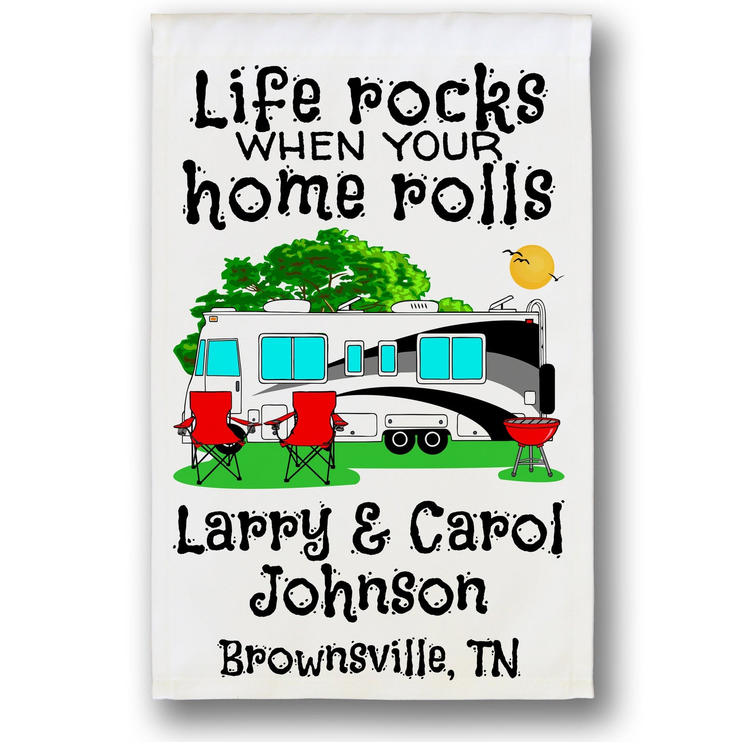 Life Rocks When Your Home Rolls Personalized Camping Flag with Class A Motorhome