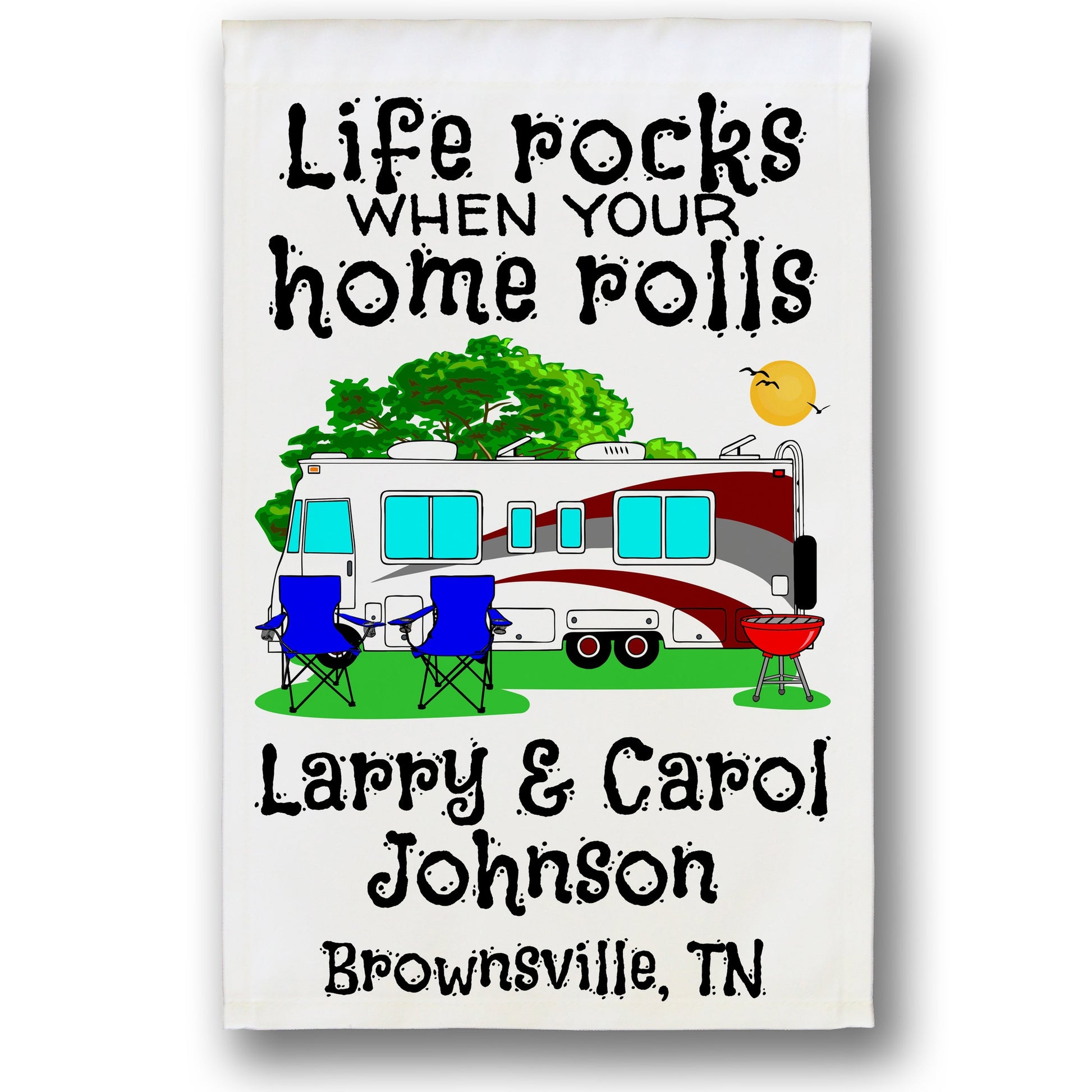 Life Rocks When Your Home Rolls Personalized Camping Flag with Class A Motorhome