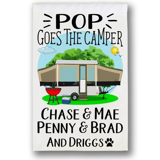 Pop Goes the Camper Personalized Camping Flag with Pop-Up Camper or A-Frame on White Fabric