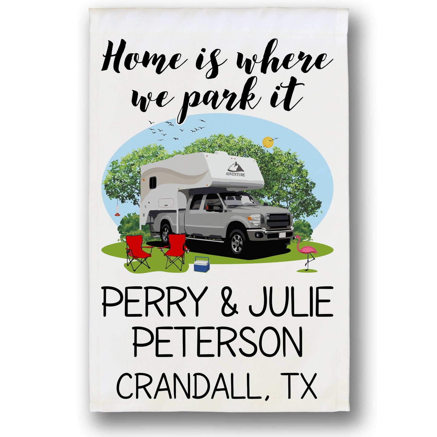 Home is Where We Park It Personalized Camping Flag with Truck and Camper on White Fabric