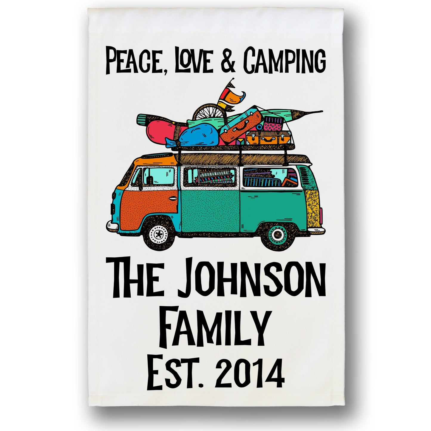 Peace, Love & Camping Personalized Camping Flag with Hippie Van on White Fabric