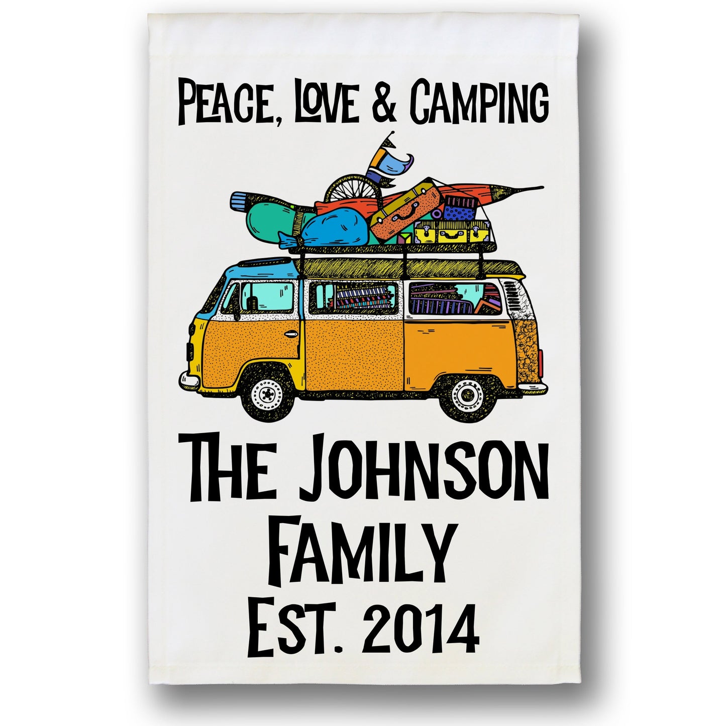 Peace, Love & Camping Personalized Camping Flag with Hippie Van on White Fabric