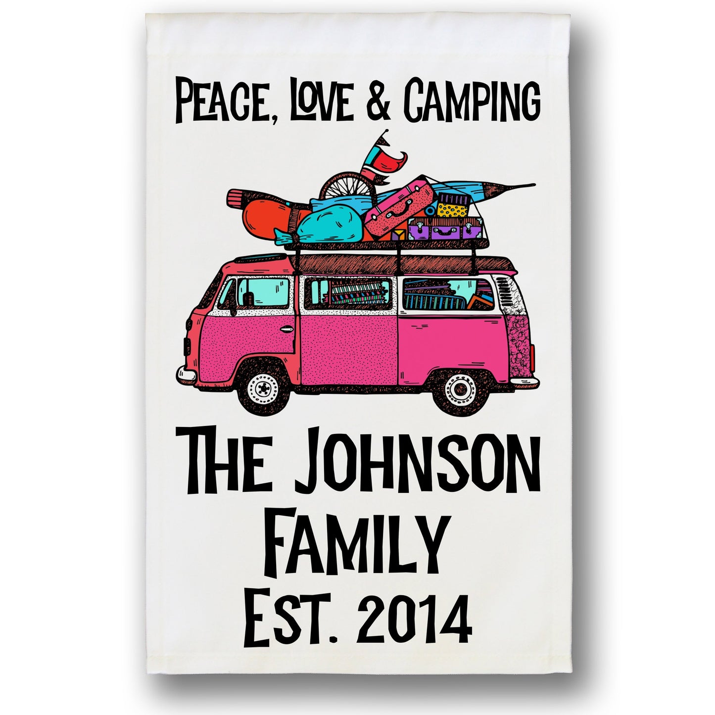 Peace, Love & Camping Personalized Camping Flag with Hippie Van on White Fabric