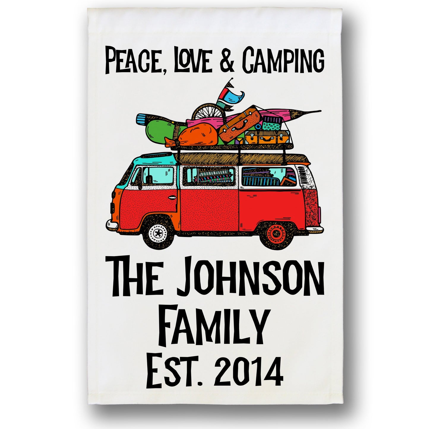Peace, Love & Camping Personalized Camping Flag with Hippie Van on White Fabric