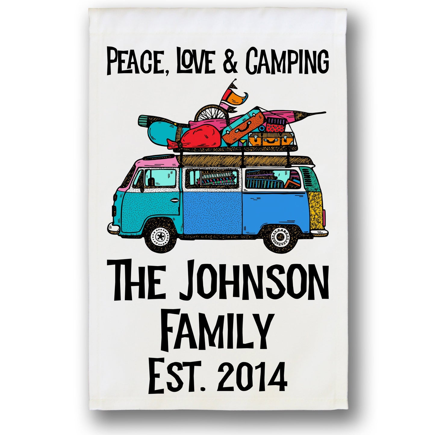 Peace, Love & Camping Personalized Camping Flag with Hippie Van on White Fabric