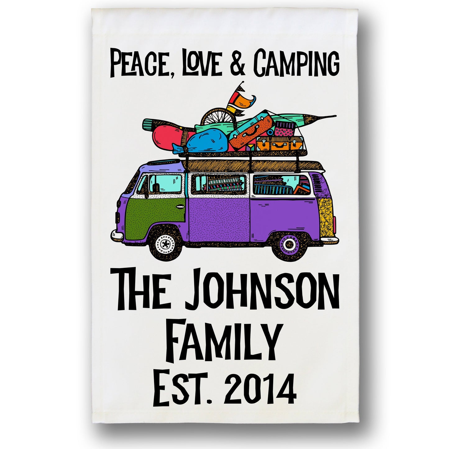 Peace, Love & Camping Personalized Camping Flag with Hippie Van on White Fabric