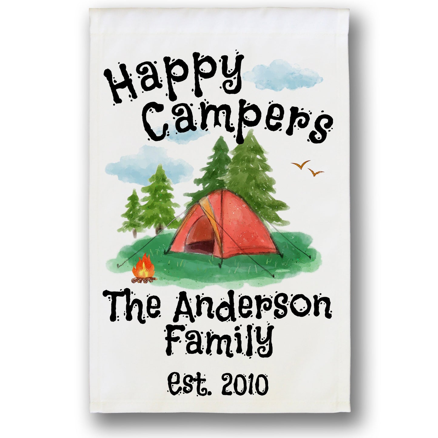 Happy Campers Personalized Camping Flag with Tent on White Fabric
