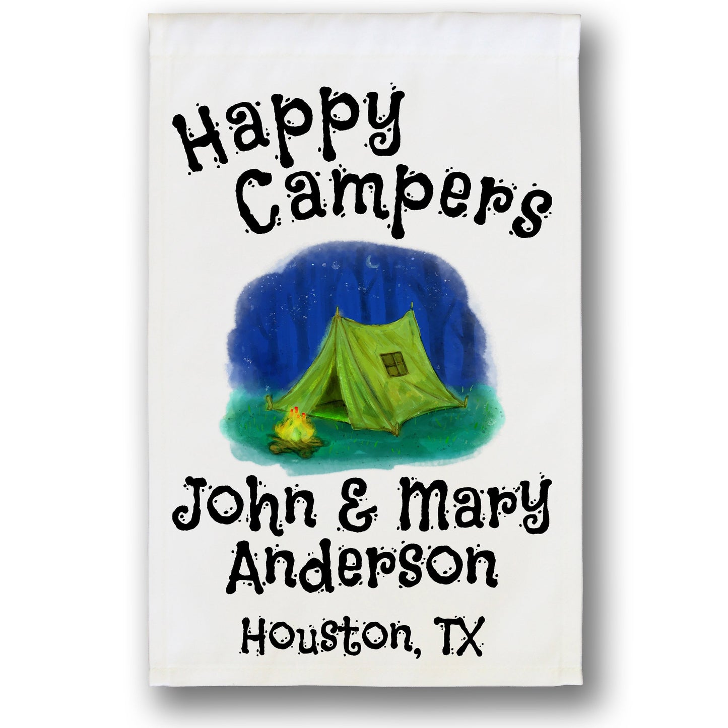 Happy Campers Personalized Camping Flag with Tent on White Fabric