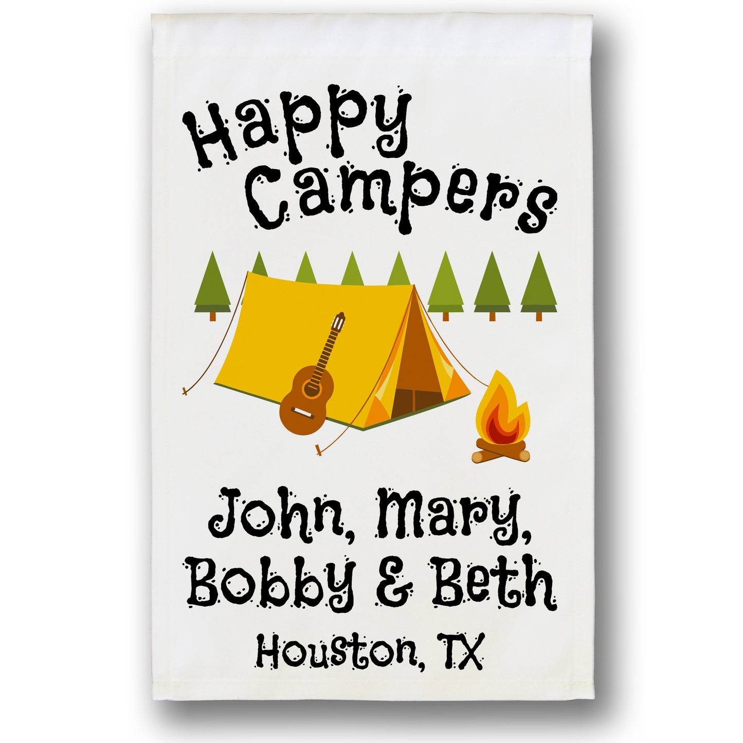 Happy Campers Personalized Camping Flag with Tent on White Fabric