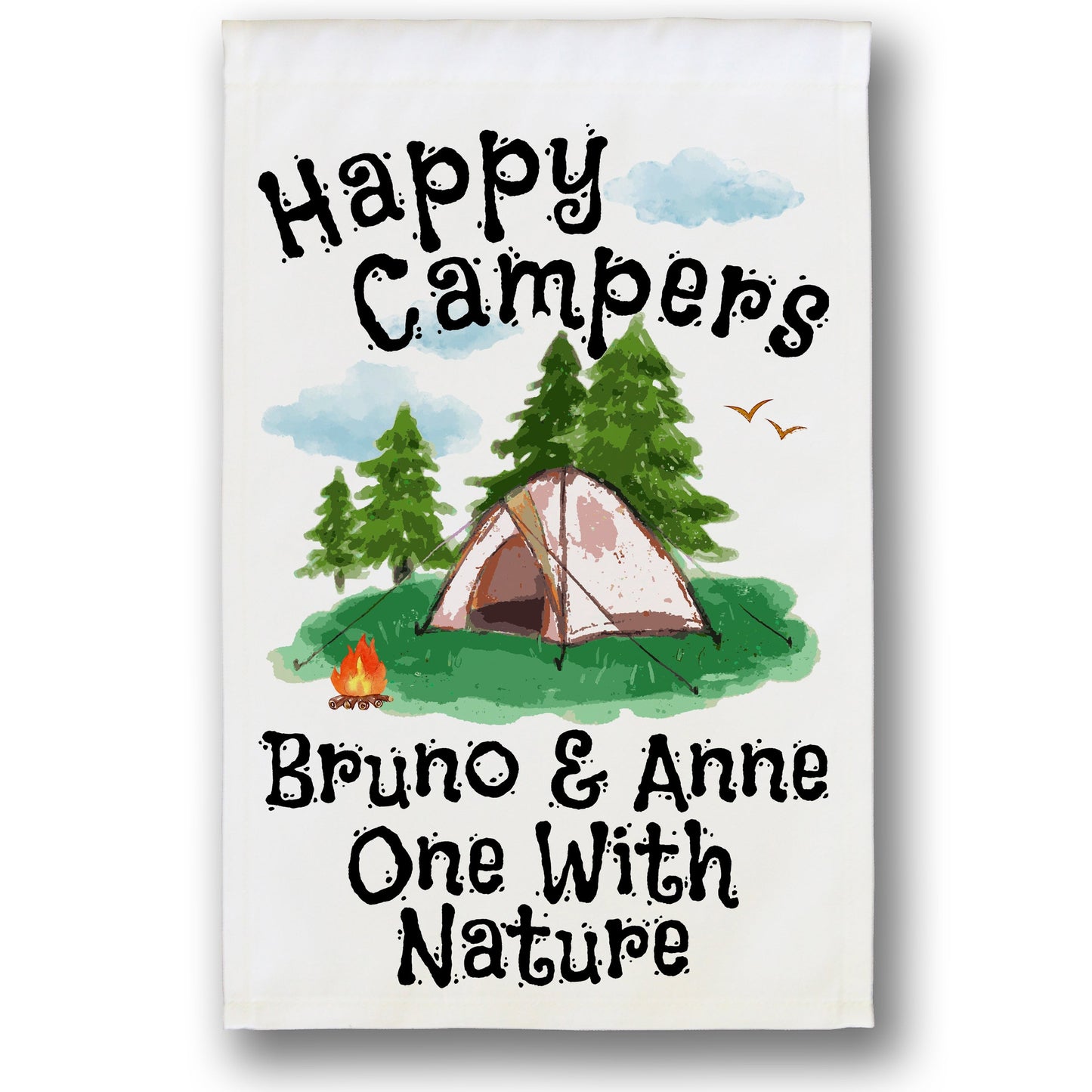 Happy Campers Personalized Camping Flag with Tent on White Fabric