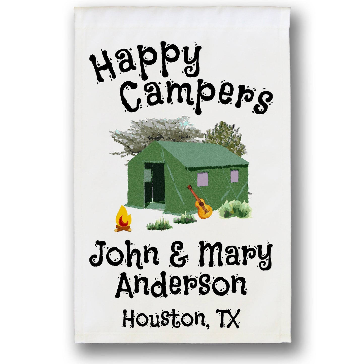 Happy Campers Personalized Camping Flag with Tent on White Fabric