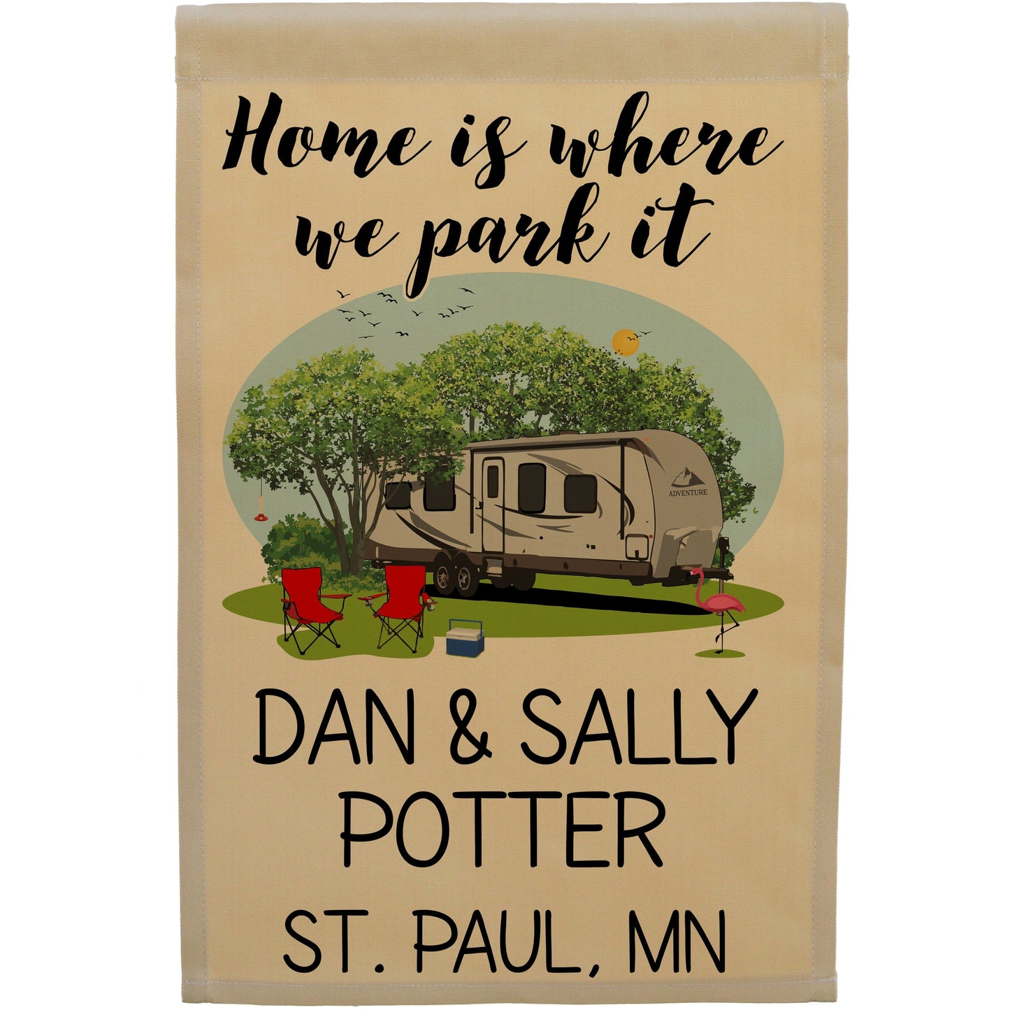 Home is Where We Park It Personalized Camping Flag with Travel Trailer