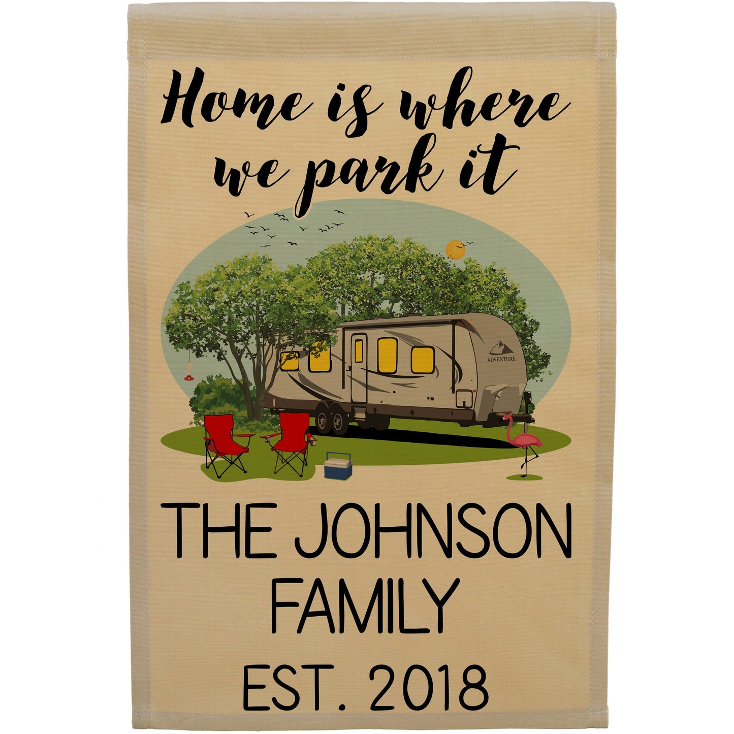 Home is Where We Park It Personalized Camping Flag with Travel Trailer