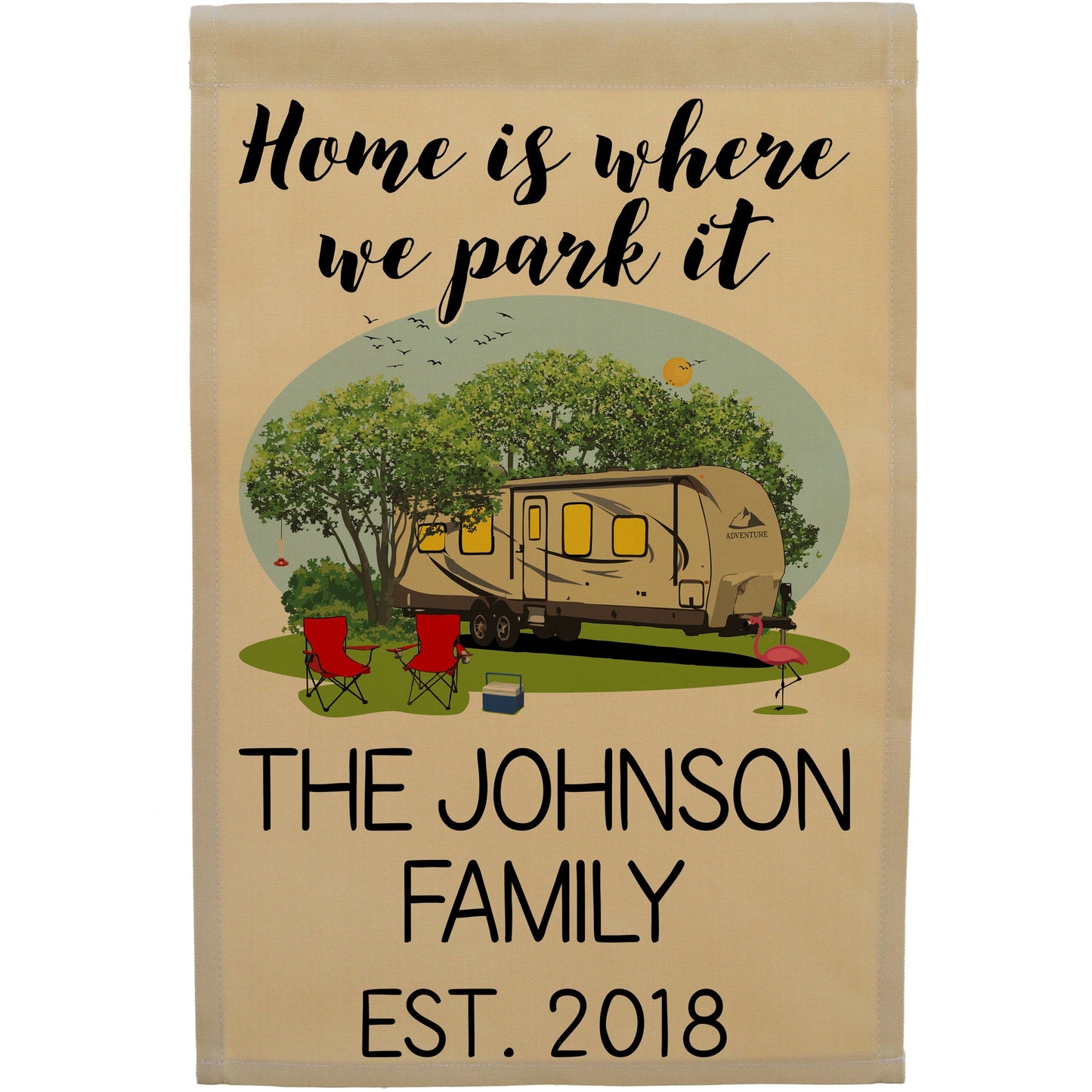 Home is Where We Park It Personalized Camping Flag with Travel Trailer