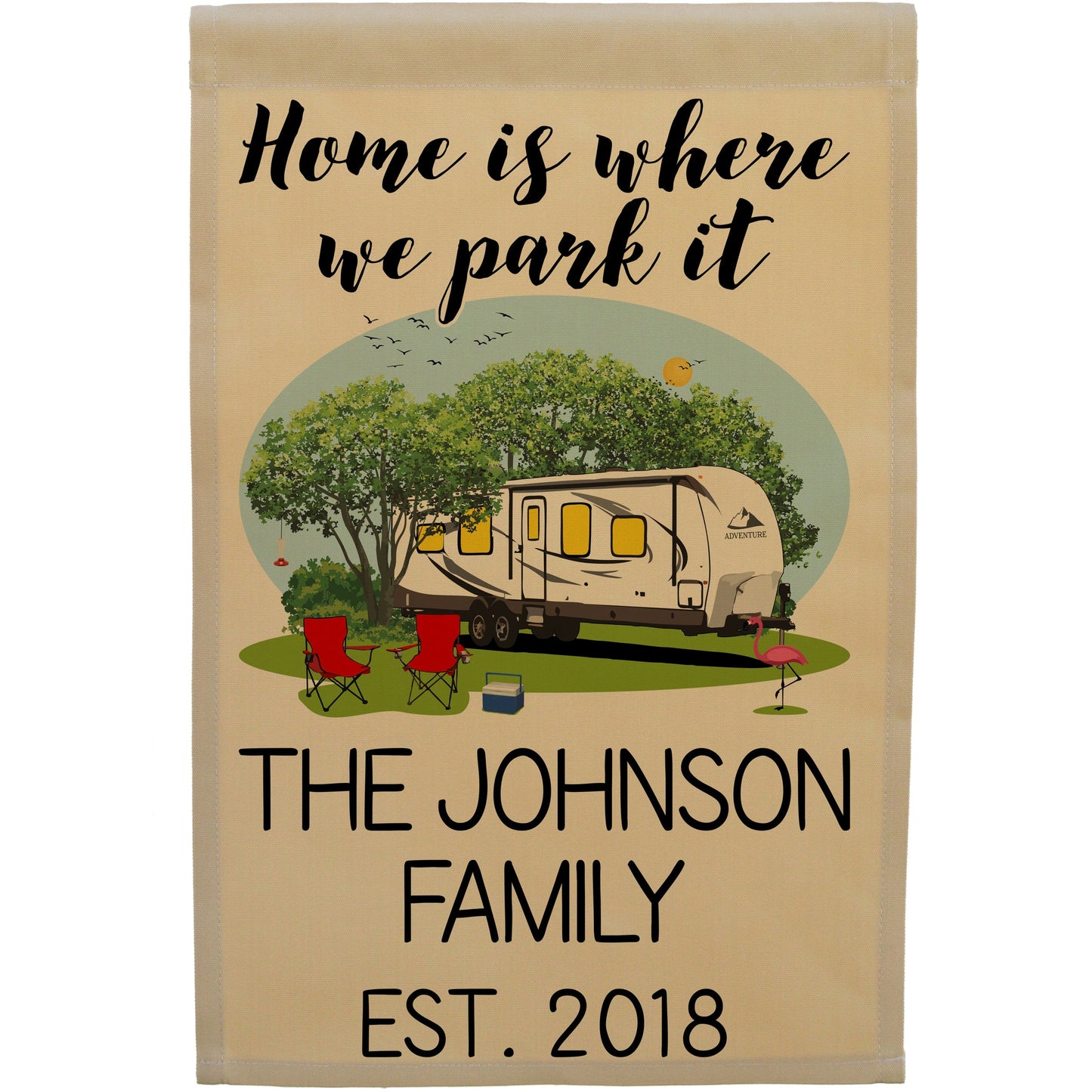 Home is Where We Park It Personalized Camping Flag with Travel Trailer