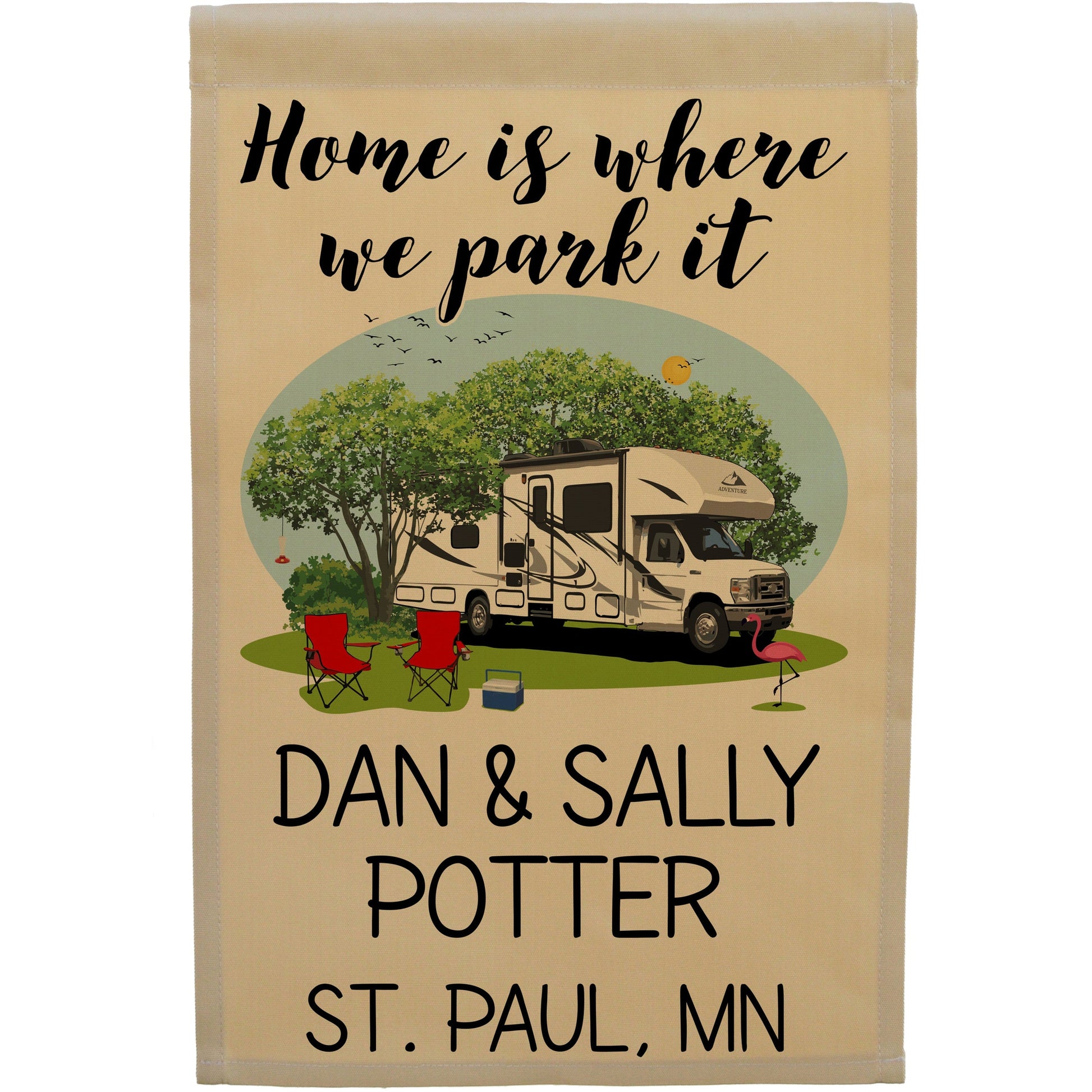 Home is Where We Park It Personalized Camping Flag with Class C Motorhome