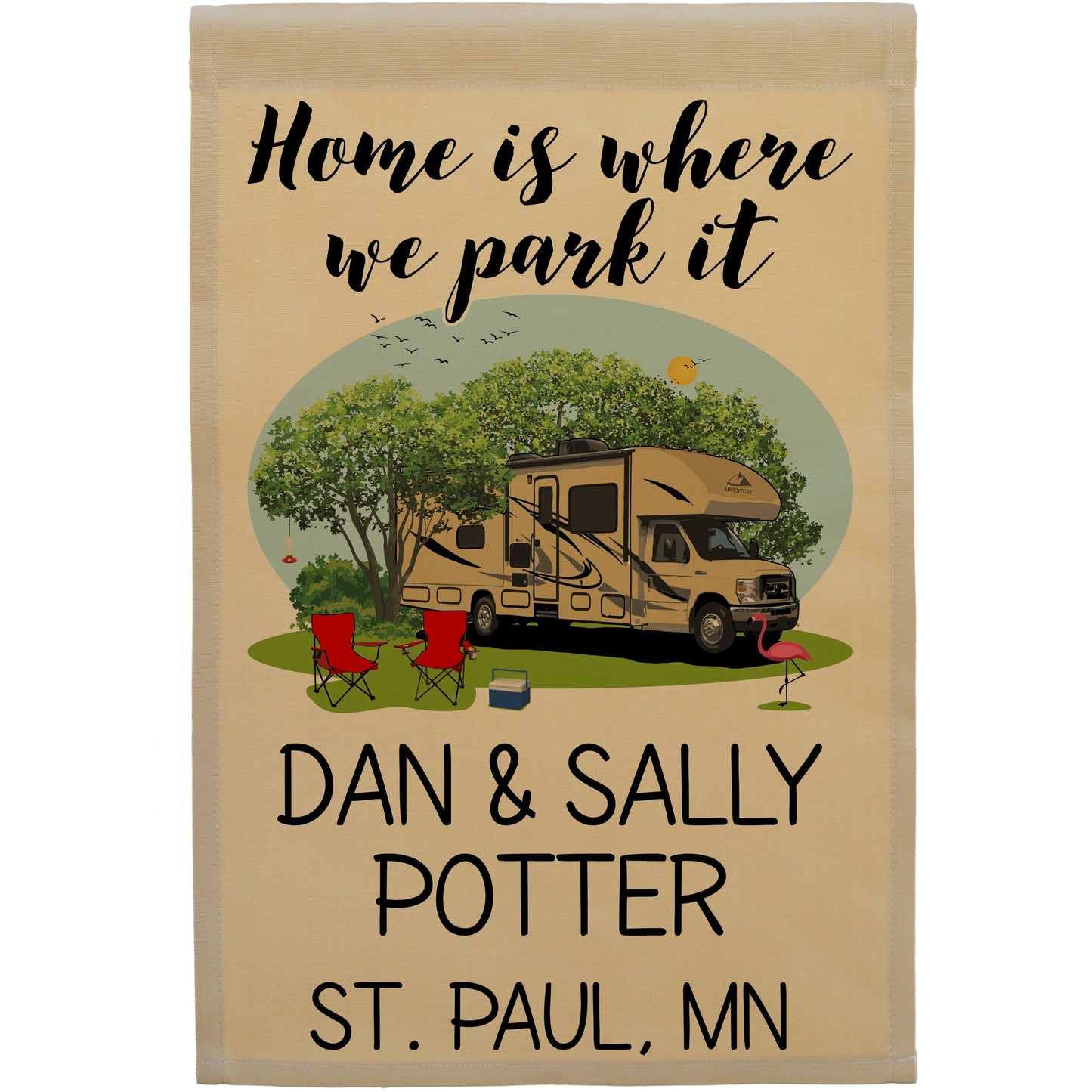 Home is Where We Park It Personalized Camping Flag with Class C Motorhome