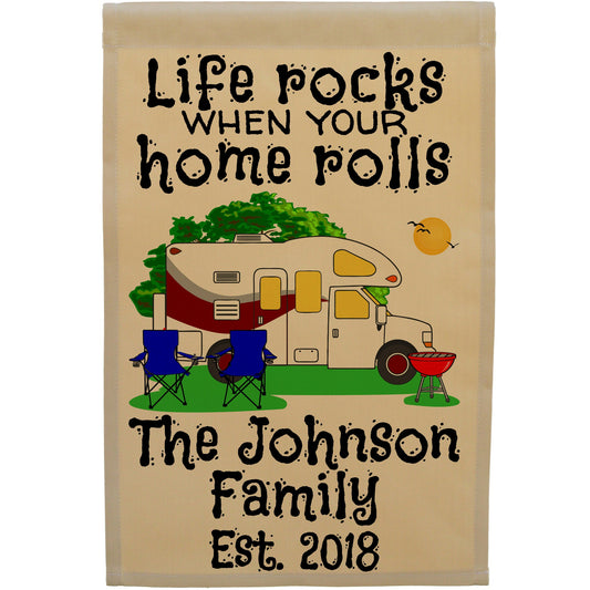 Life Rocks When Your Home Rolls Personalized Camping Flag with Class C Motorhome on Tan Fabric