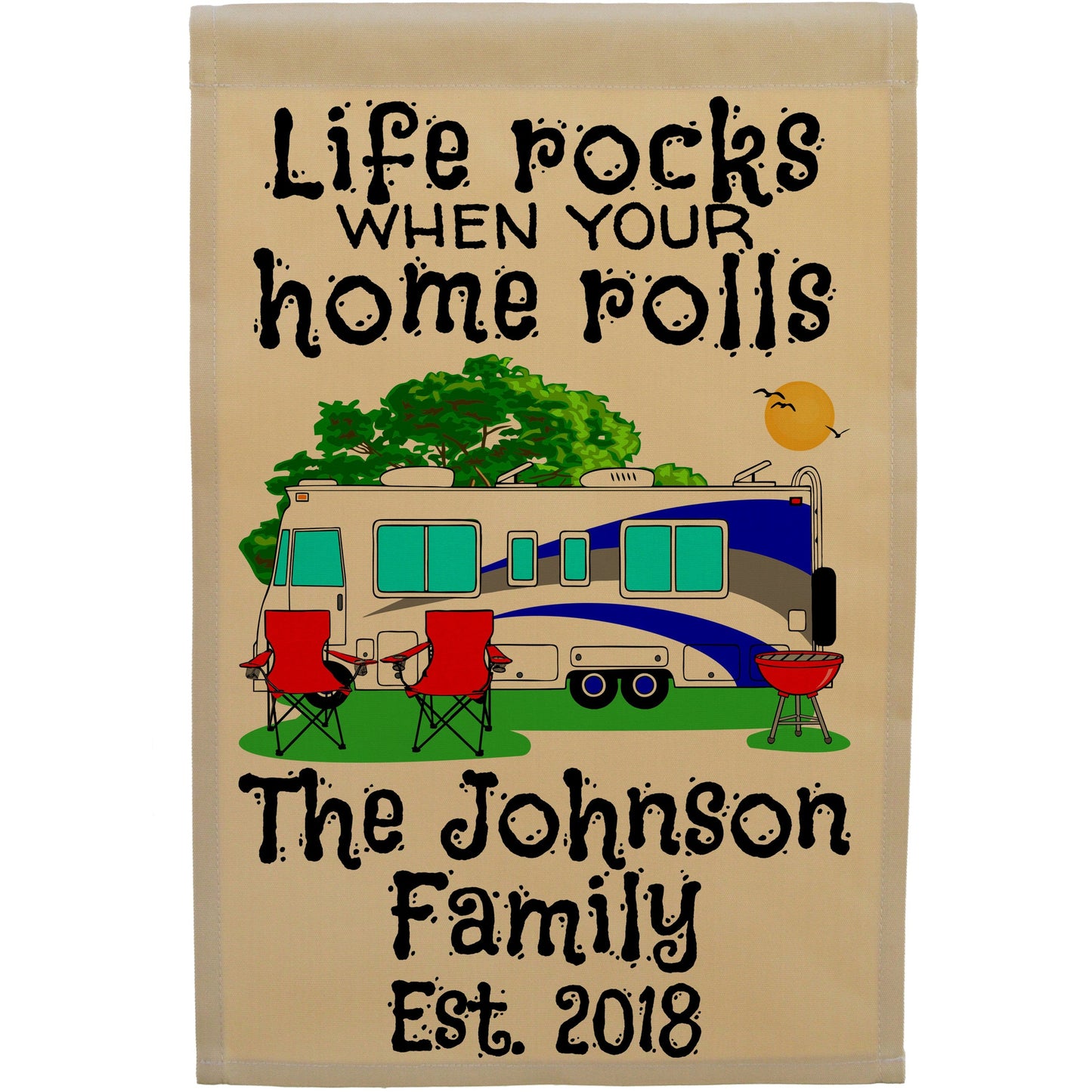 Life Rocks When Your Home Rolls Personalized Camping Flag with Class A Motorhome