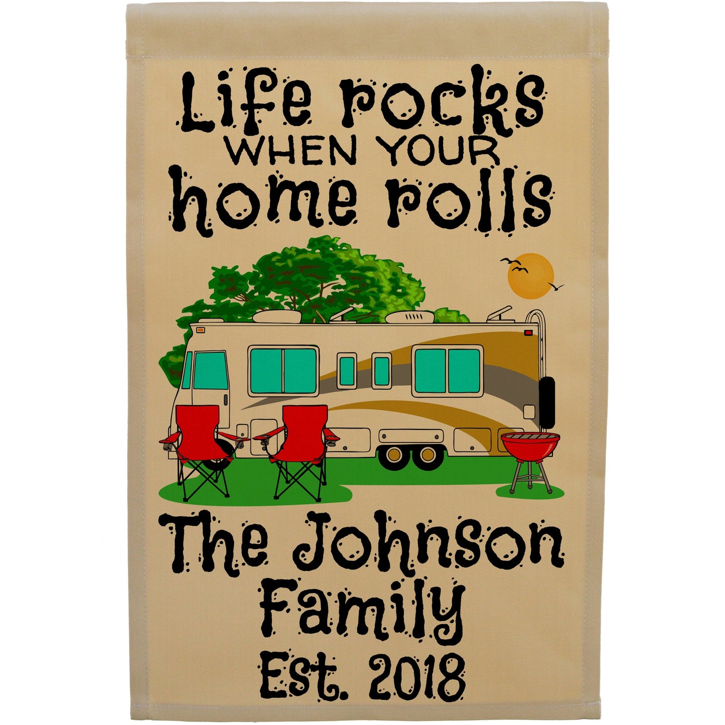 Life Rocks When Your Home Rolls Personalized Camping Flag with Class A Motorhome