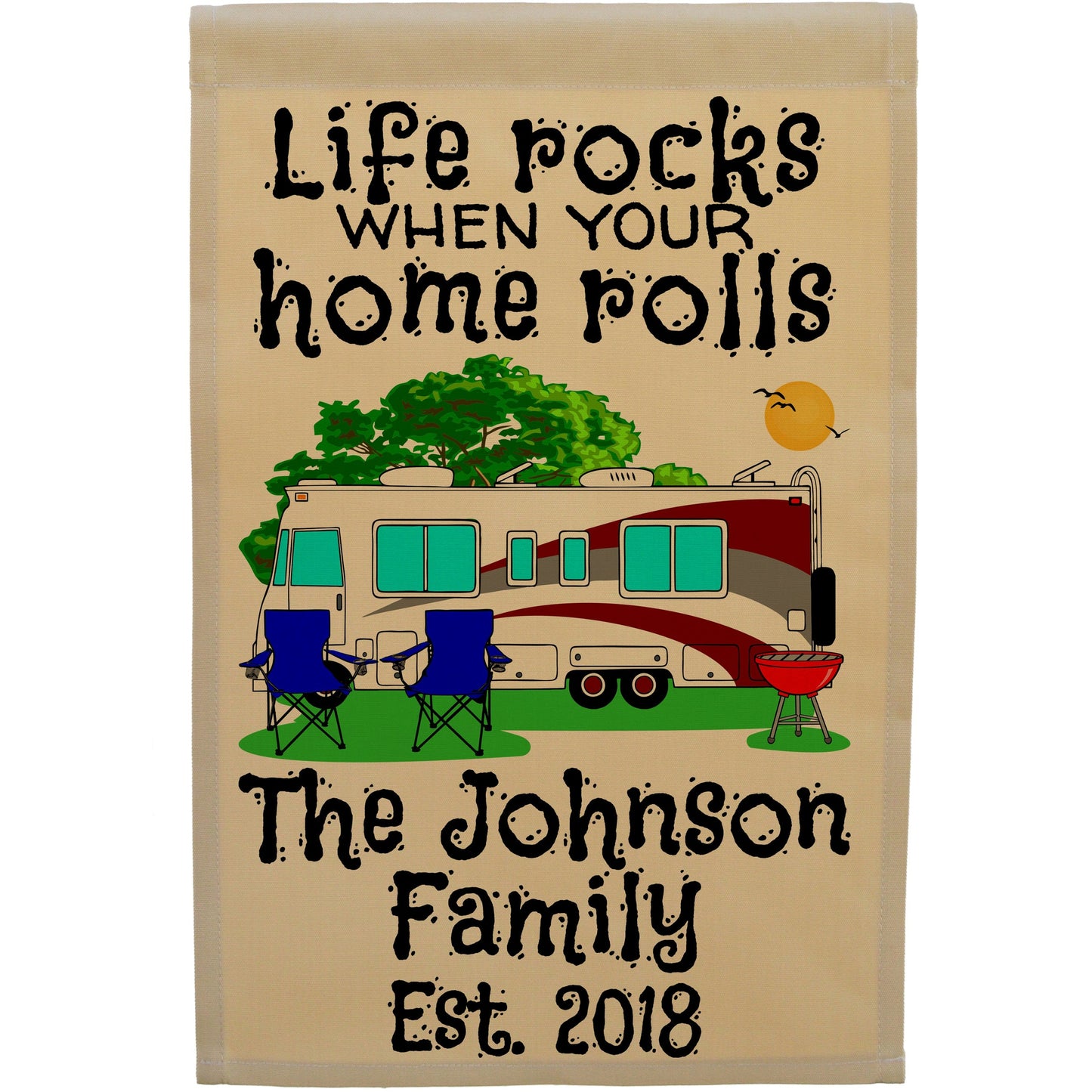 Life Rocks When Your Home Rolls Personalized Camping Flag with Class A Motorhome