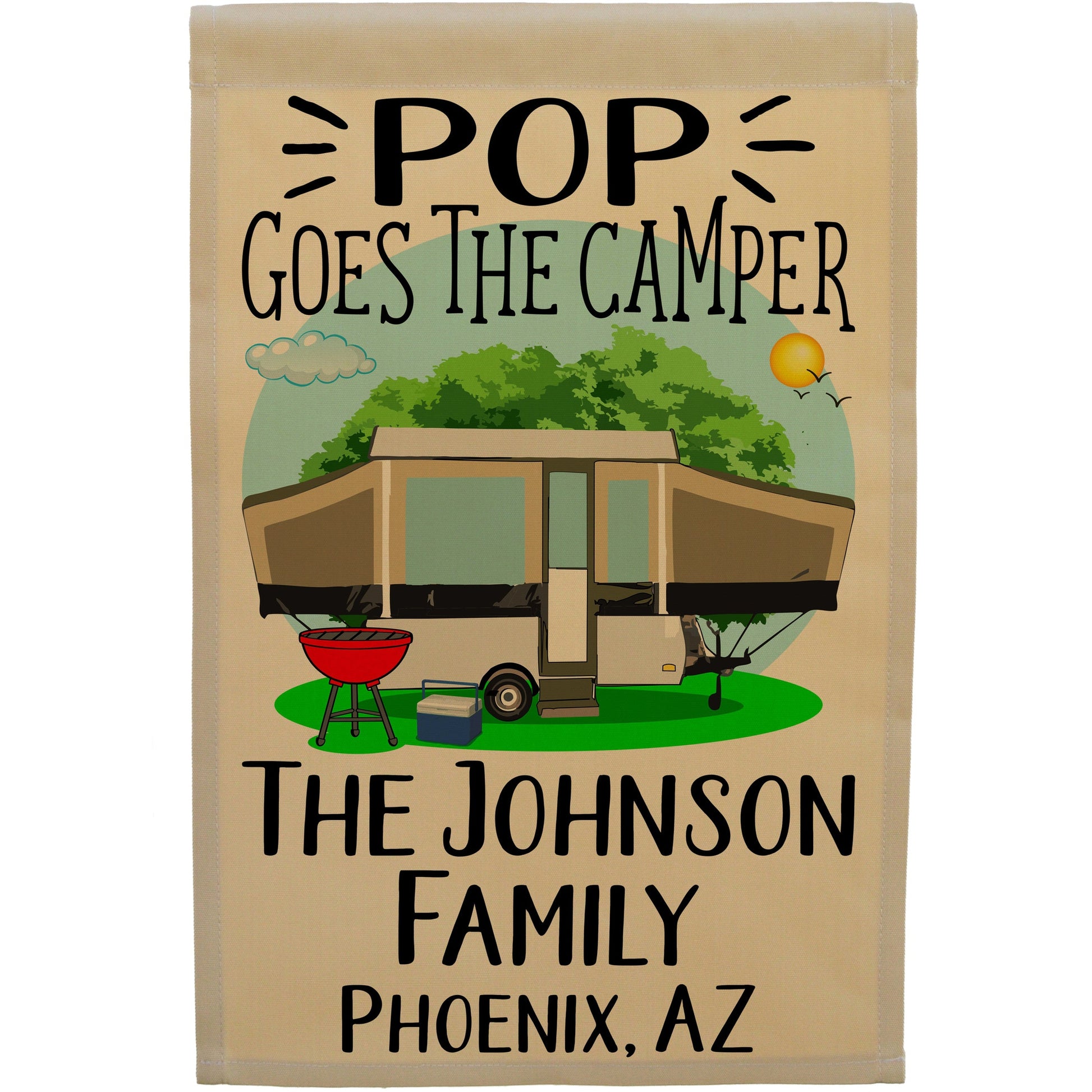 Pop Goes the Camper Personalized Camping Flag with Pop-Up Camper or A-Frame on Tan Fabric