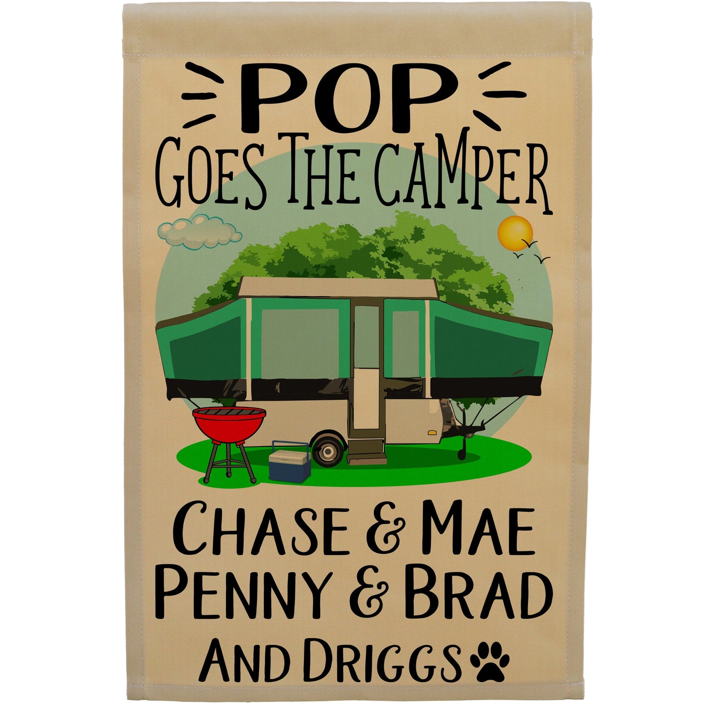 Pop Goes the Camper Personalized Camping Flag with Pop-Up Camper or A-Frame on Tan Fabric