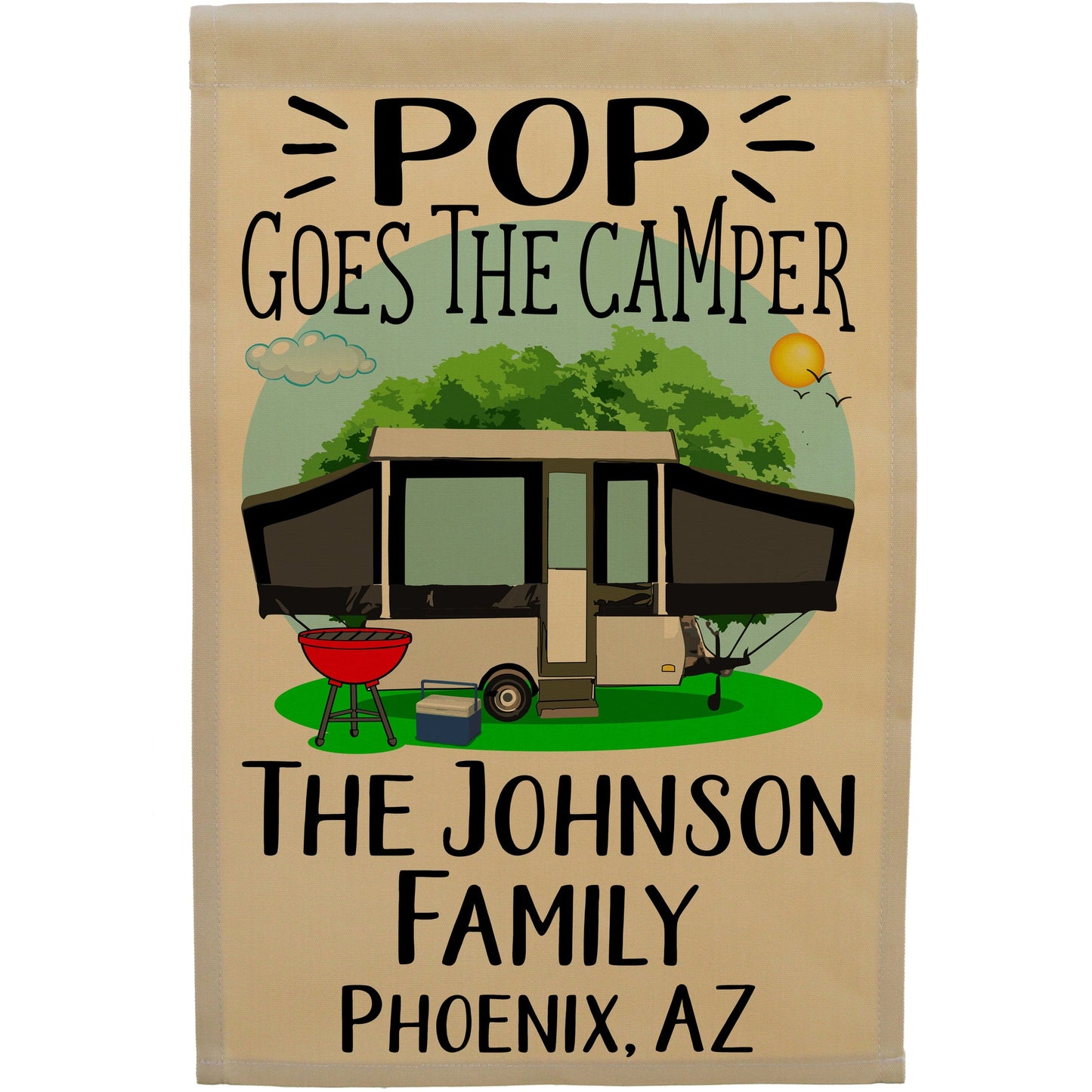 Pop Goes the Camper Personalized Camping Flag with Pop-Up Camper or A-Frame on Tan Fabric