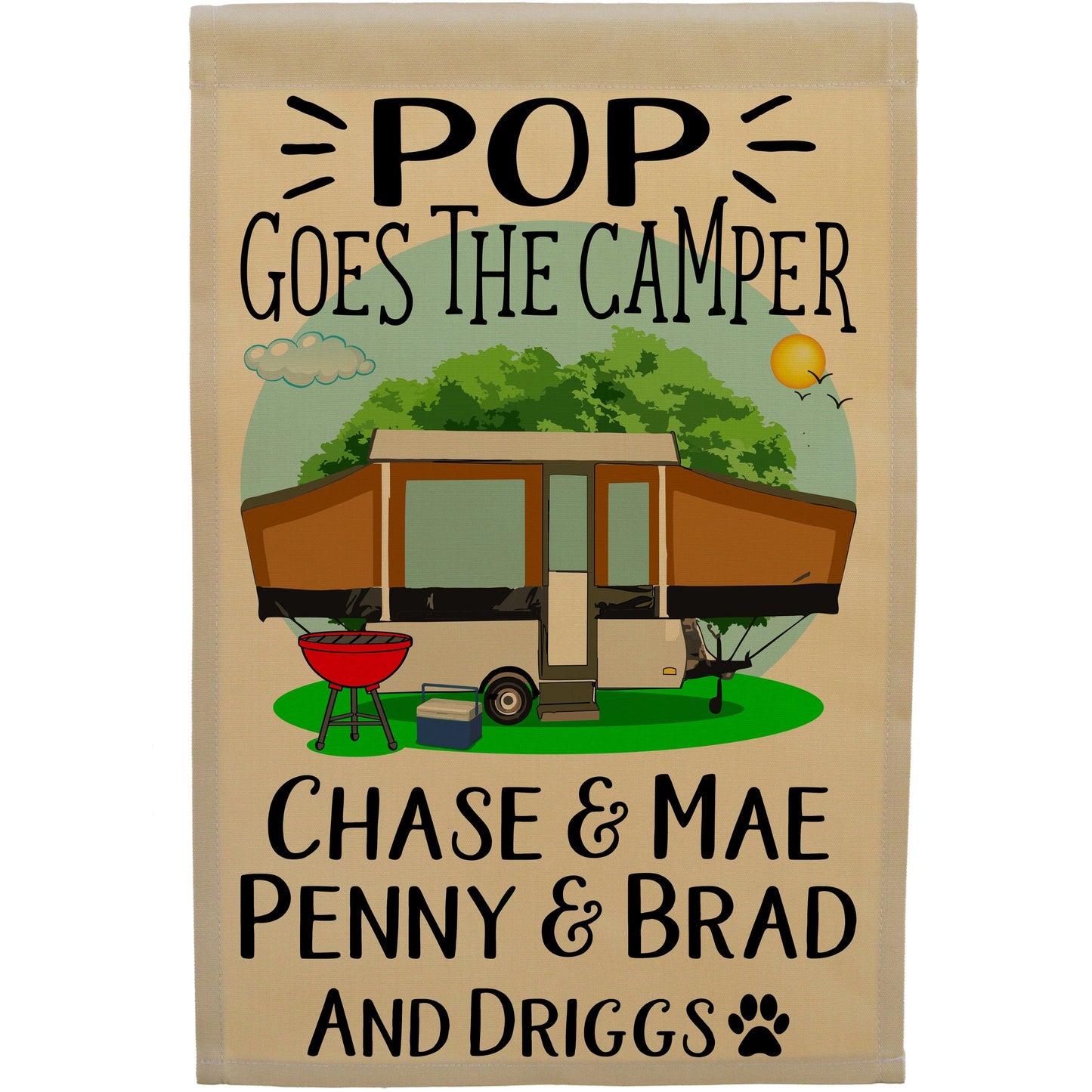Pop Goes the Camper Personalized Camping Flag with Pop-Up Camper or A-Frame on Tan Fabric