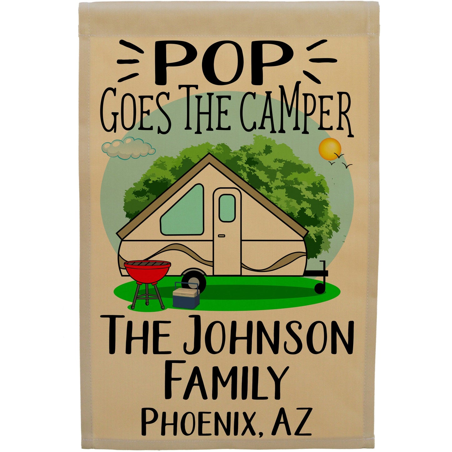 Pop Goes the Camper Personalized Camping Flag with Pop-Up Camper or A-Frame on Tan Fabric