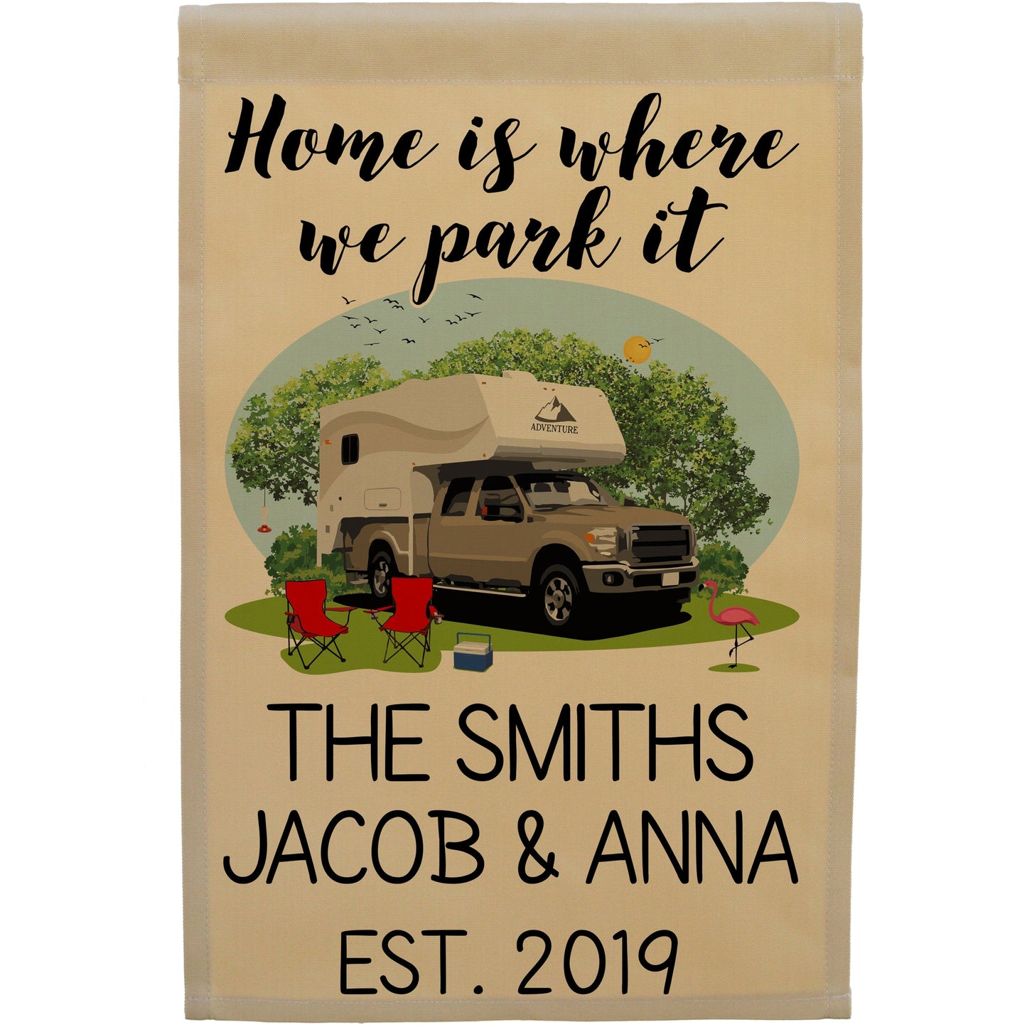 Home is Where We Park It Personalized Camping Flag with Truck and Camper on Tan Fabric