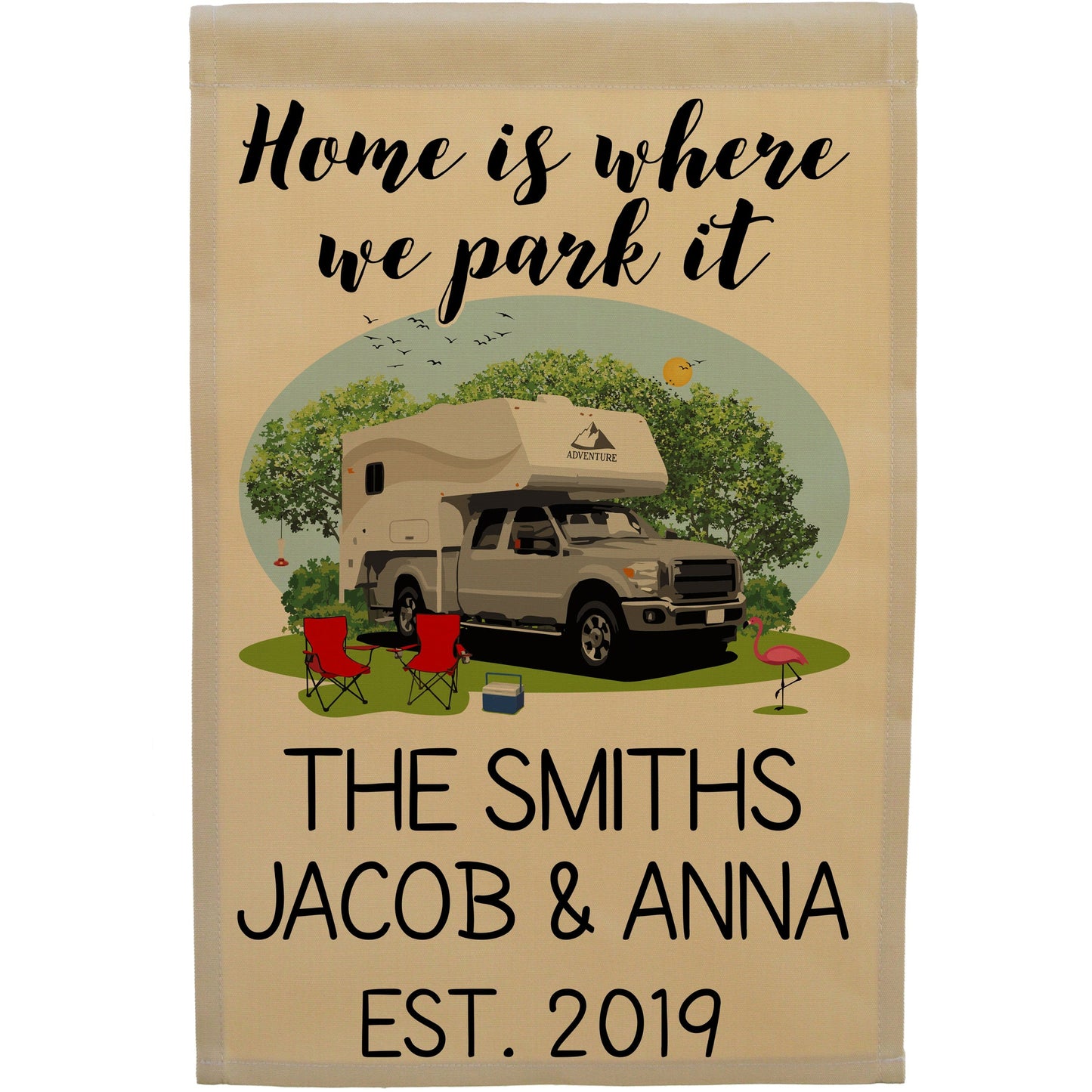 Home is Where We Park It Personalized Camping Flag with Truck and Camper on Tan Fabric