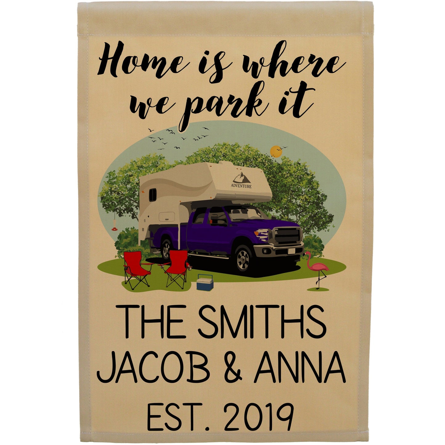 Home is Where We Park It Personalized Camping Flag with Truck and Camper on Tan Fabric