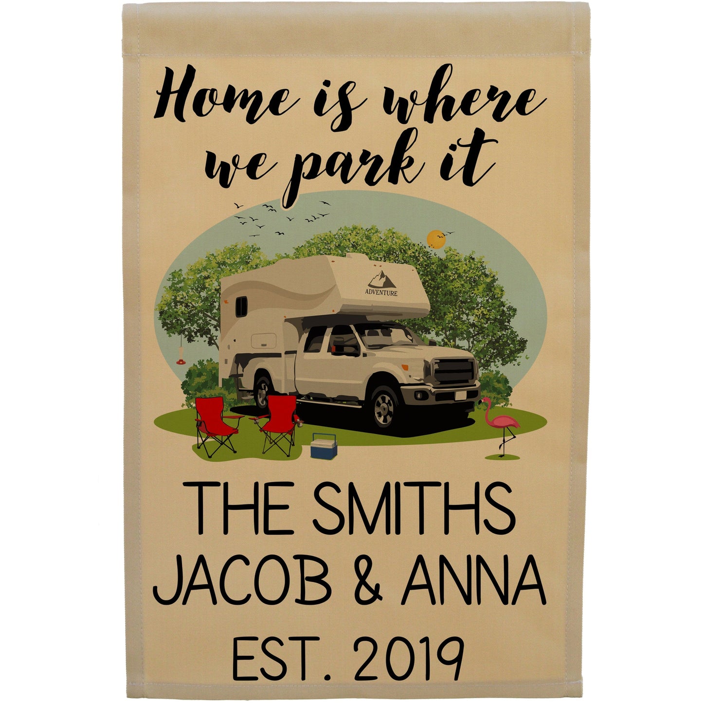 Home is Where We Park It Personalized Camping Flag with Truck and Camper on Tan Fabric