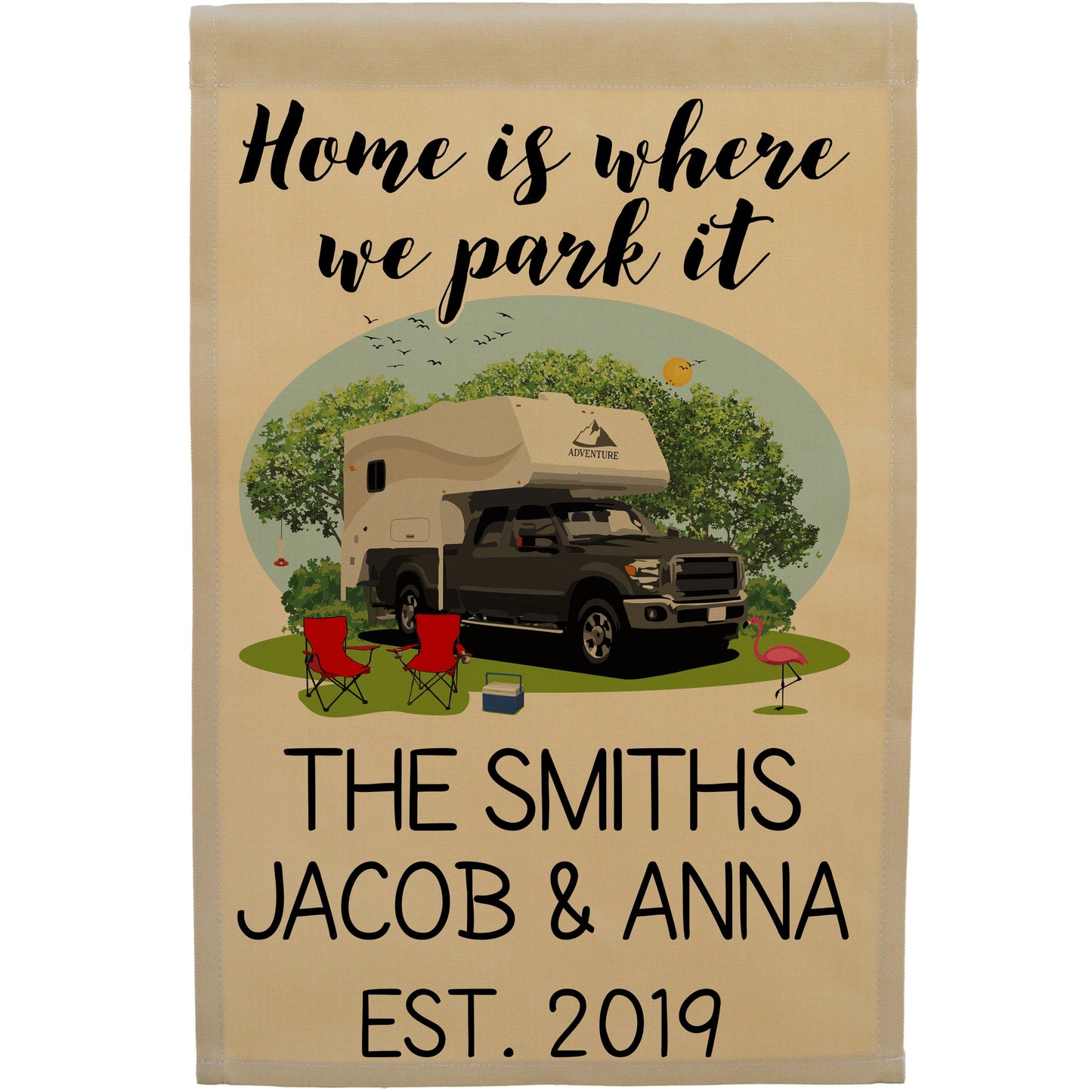 Home is Where We Park It Personalized Camping Flag with Truck and Camper on Tan Fabric