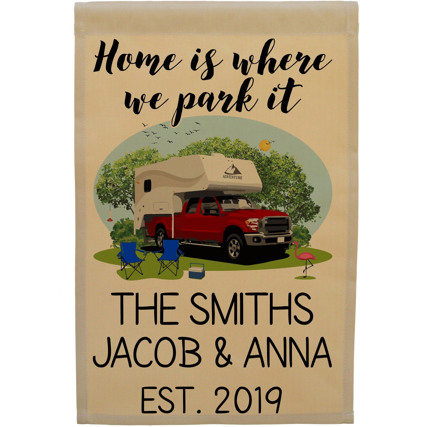 Home is Where We Park It Personalized Camping Flag with Truck and Camper on Tan Fabric