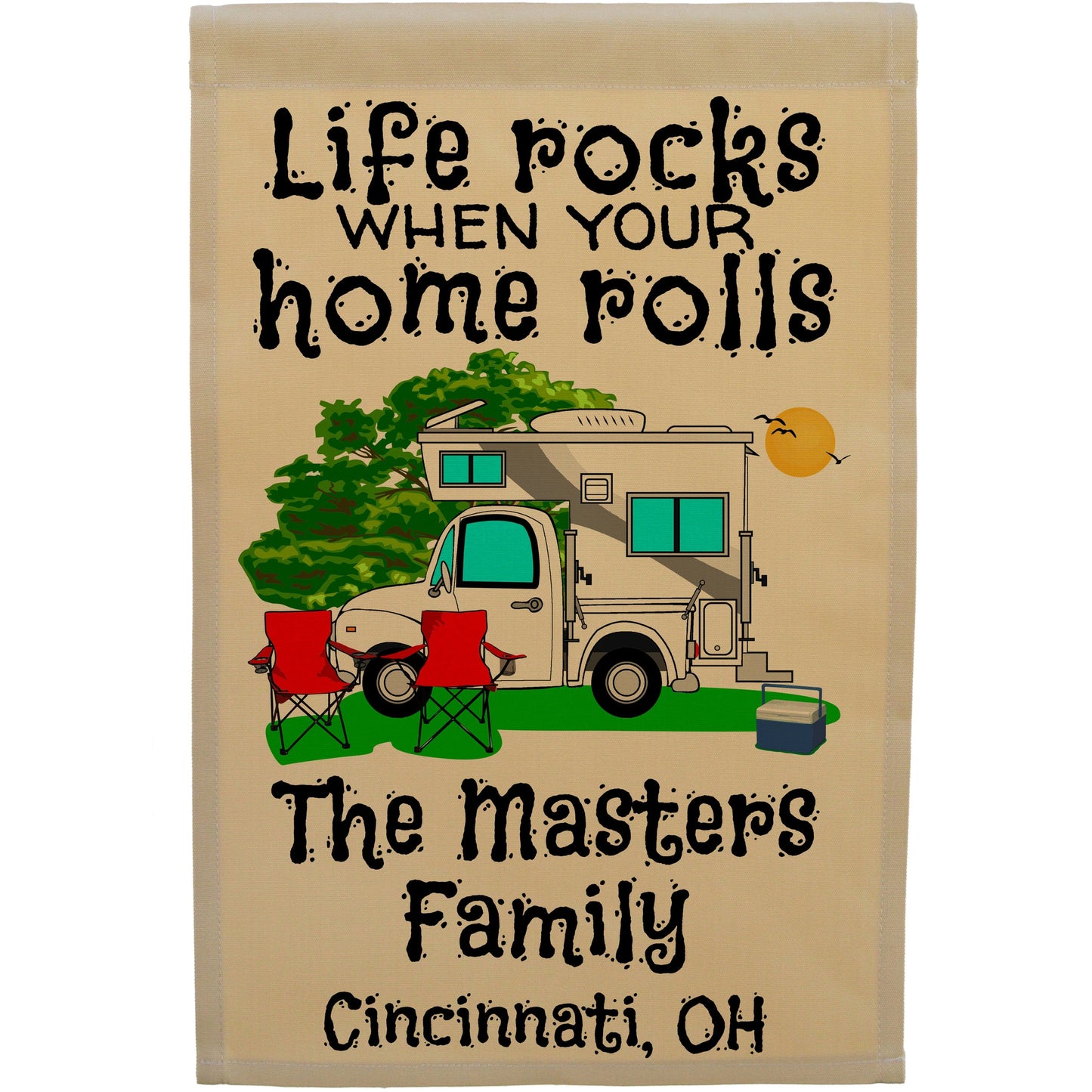 Life Rocks When Your Home Rolls Personalized Camping Flag with Truck and Camper on Tan Fabric