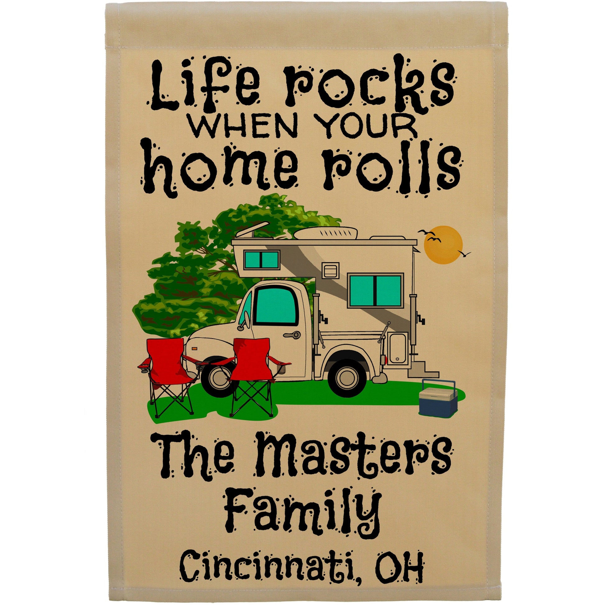 Life Rocks When Your Home Rolls Personalized Camping Flag with Truck and Camper on Tan Fabric