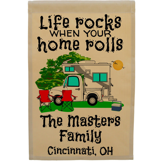 Life Rocks When Your Home Rolls Personalized Camping Flag with Truck and Camper on Tan Fabric