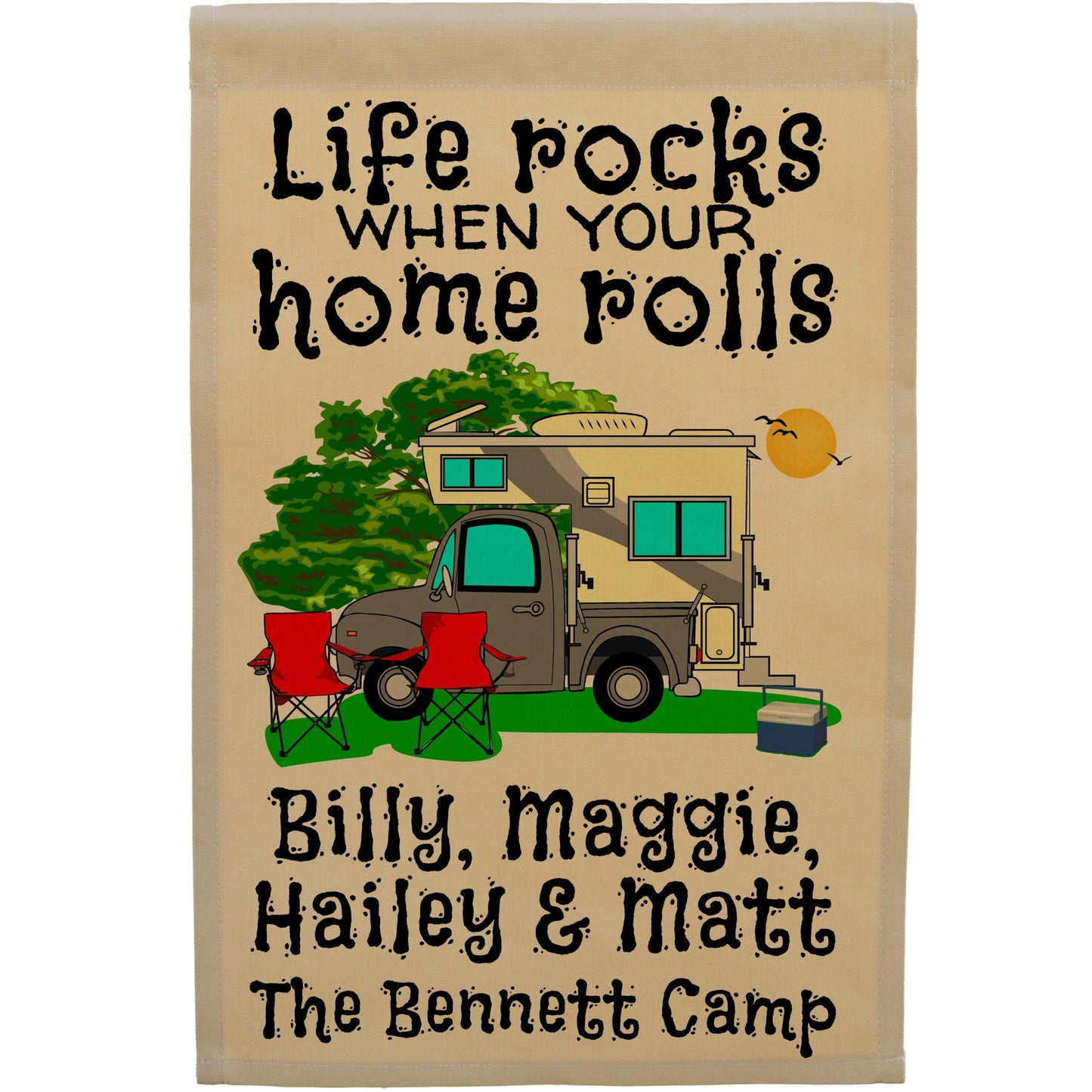 Life Rocks When Your Home Rolls Personalized Camping Flag with Truck and Camper on Tan Fabric