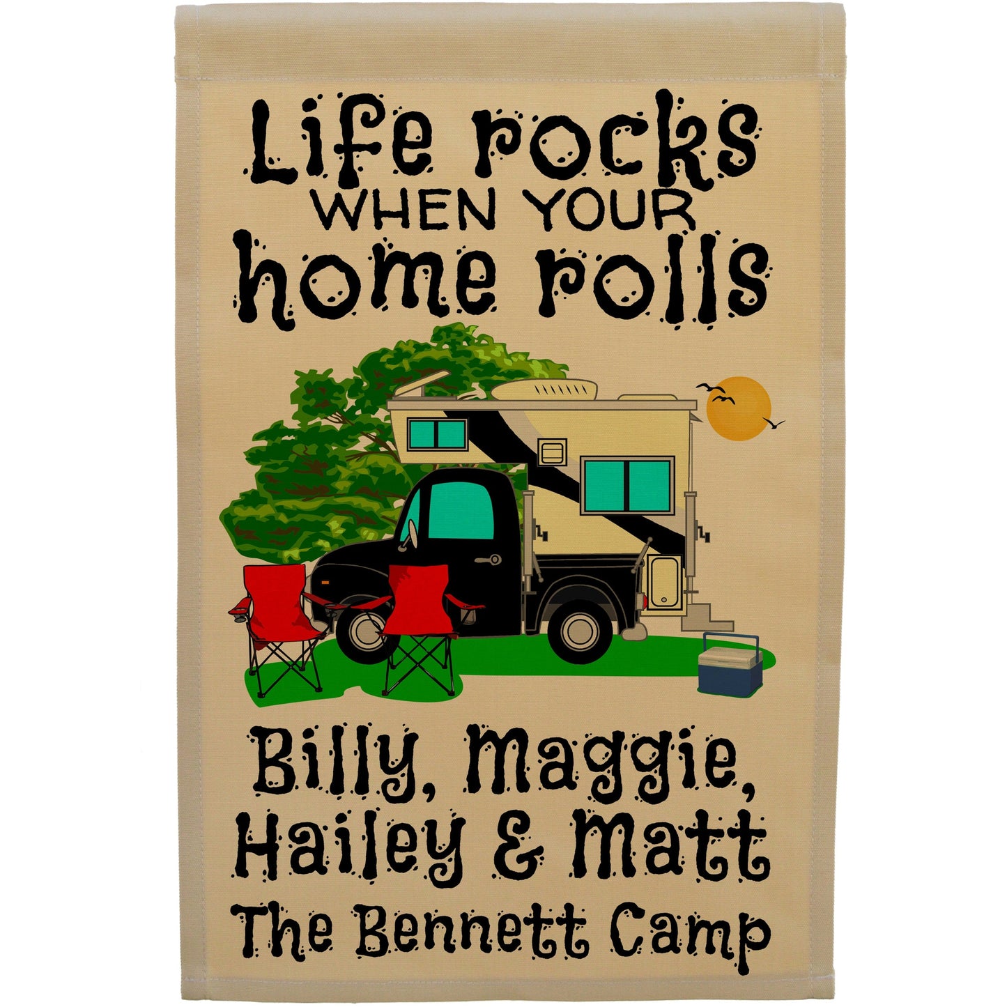 Life Rocks When Your Home Rolls Personalized Camping Flag with Truck and Camper on Tan Fabric