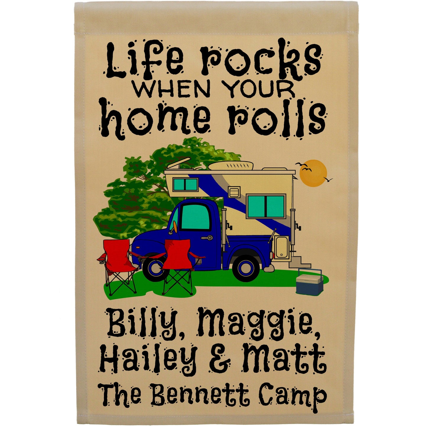 Life Rocks When Your Home Rolls Personalized Camping Flag with Truck and Camper on Tan Fabric