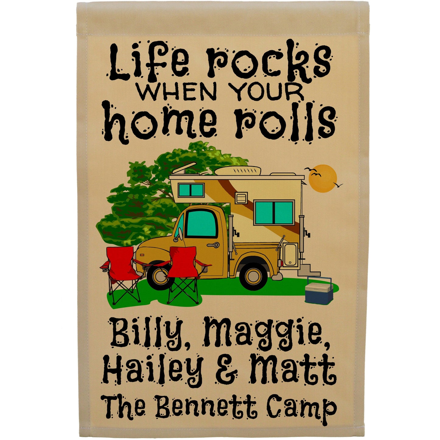 Life Rocks When Your Home Rolls Personalized Camping Flag with Truck and Camper on Tan Fabric