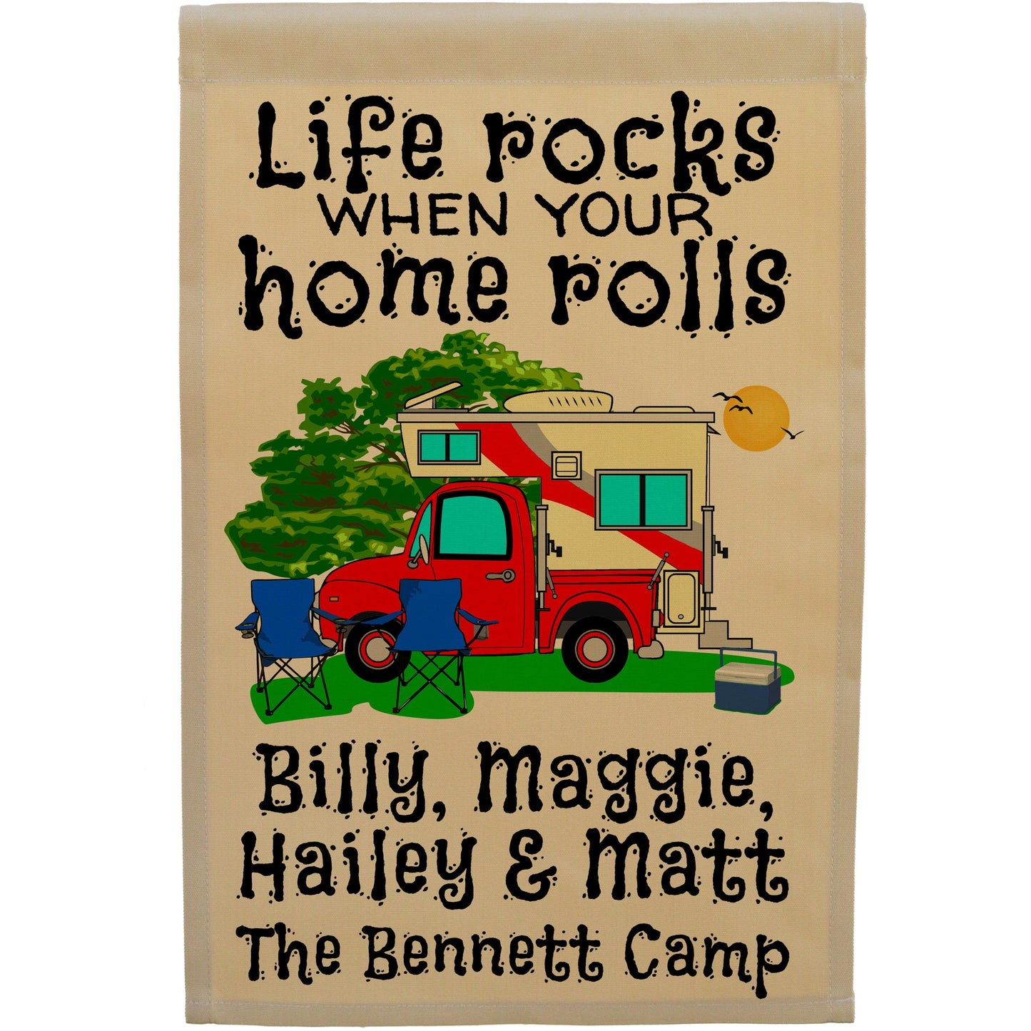 Life Rocks When Your Home Rolls Personalized Camping Flag with Truck and Camper on Tan Fabric
