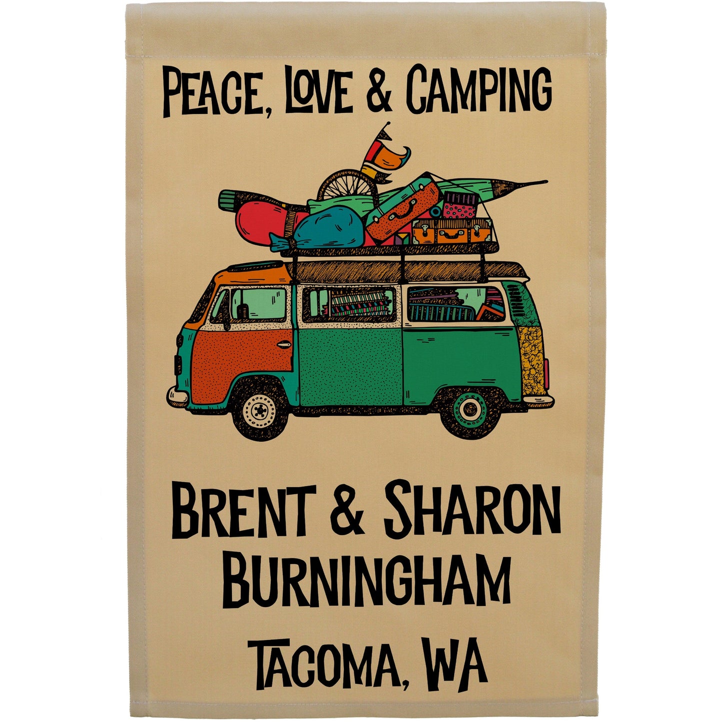 Peace, Love & Camping Personalized Camping Flag with Hippie Van on Tan Fabric